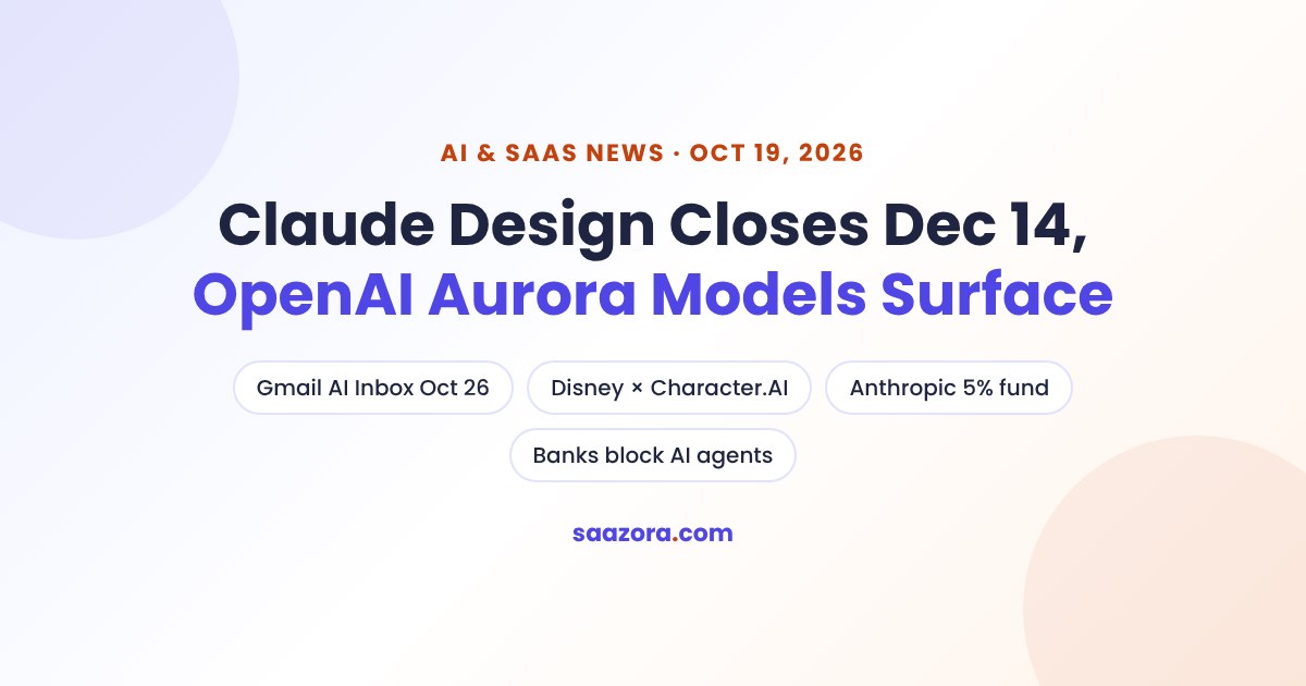 AI & SaaS News, Oct 19: Claude Design Closes, OpenAI Aurora
