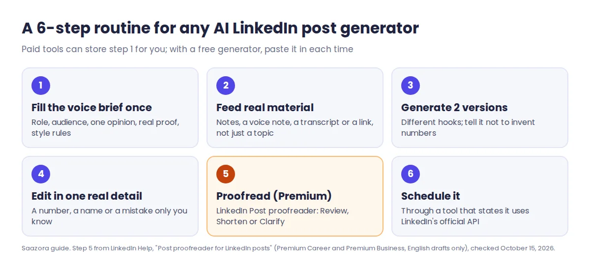 Six-step routine for using an AI LinkedIn post generator: fill the voice brief once, feed real material, generate two hook versions, edit in a real detail, run LinkedIn Post proofreader if you have Premium, schedule through a tool that uses the official API