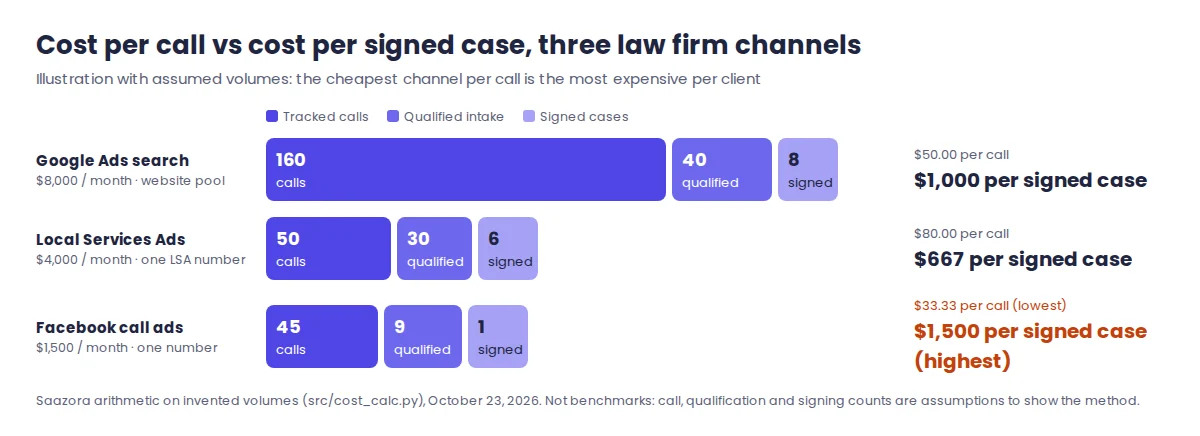 Funnel for three law firm ad channels showing spend, tracked calls, qualified intake calls and signed cases, with the cost per call and cost per signed case for each channel