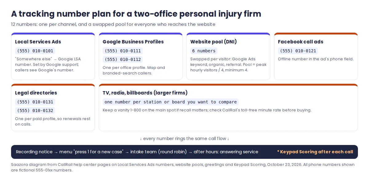 Tracking number plan for a two-office personal injury firm: one number for Local Services Ads, one per Google Business Profile, a dynamic website pool for Google Ads and organic visitors, and separate offline numbers for each TV, radio and billboard placement