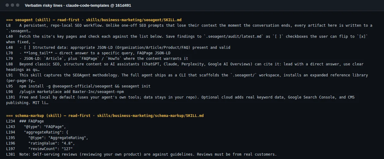 Verbatim lines from the seoagent and schema-markup skills in Claude Code Templates: a global npm install on line 95, a plugin marketplace add on line 98, a FAQPage template and sample rating values
