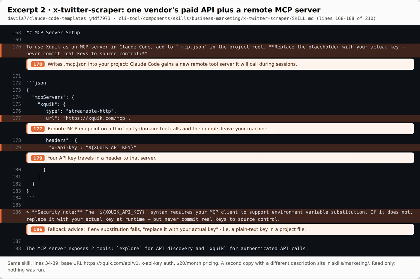 x-twitter-scraper SKILL.md lines 168 to 188 showing a remote MCP server at xquik.com added to .mcp.json with an x-api-key header