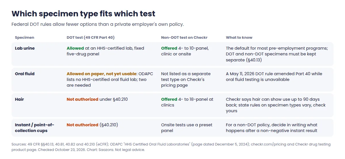 Table comparing urine, oral fluid, hair and instant drug tests for DOT and non-DOT hiring: lab urine allowed for both, oral fluid allowed by DOT but not usable until two HHS-certified labs exist, hair and instant tests not authorized for DOT
