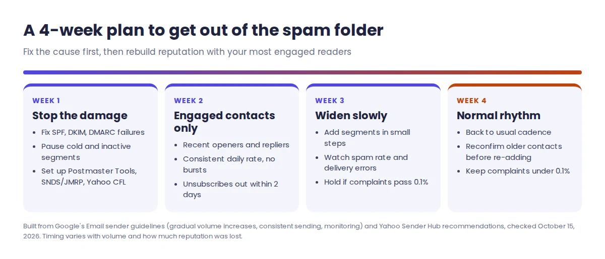 Four-week plan to stop emails going to spam: week 1 fix authentication and pause cold segments, week 2 send to engaged contacts only, week 3 widen slowly while watching spam rate, week 4 return to normal cadence